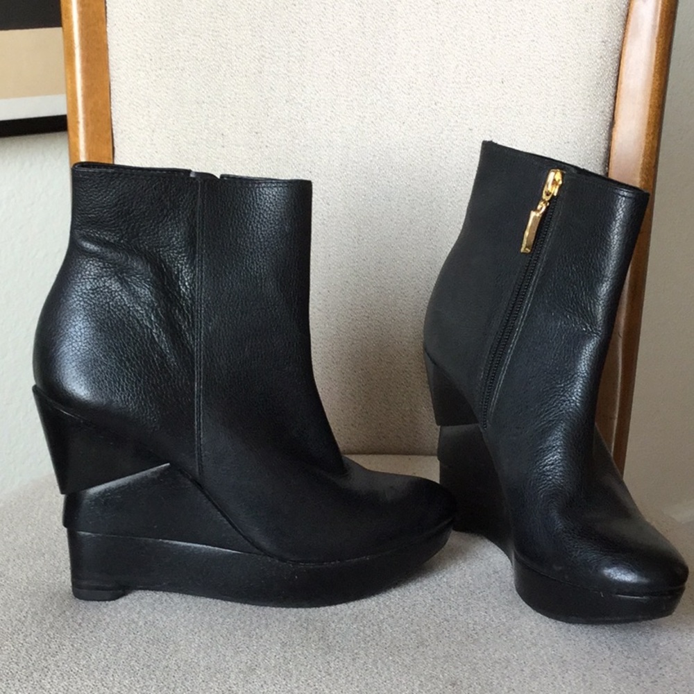 Black Leather Wedge Ankle Boots - Women's